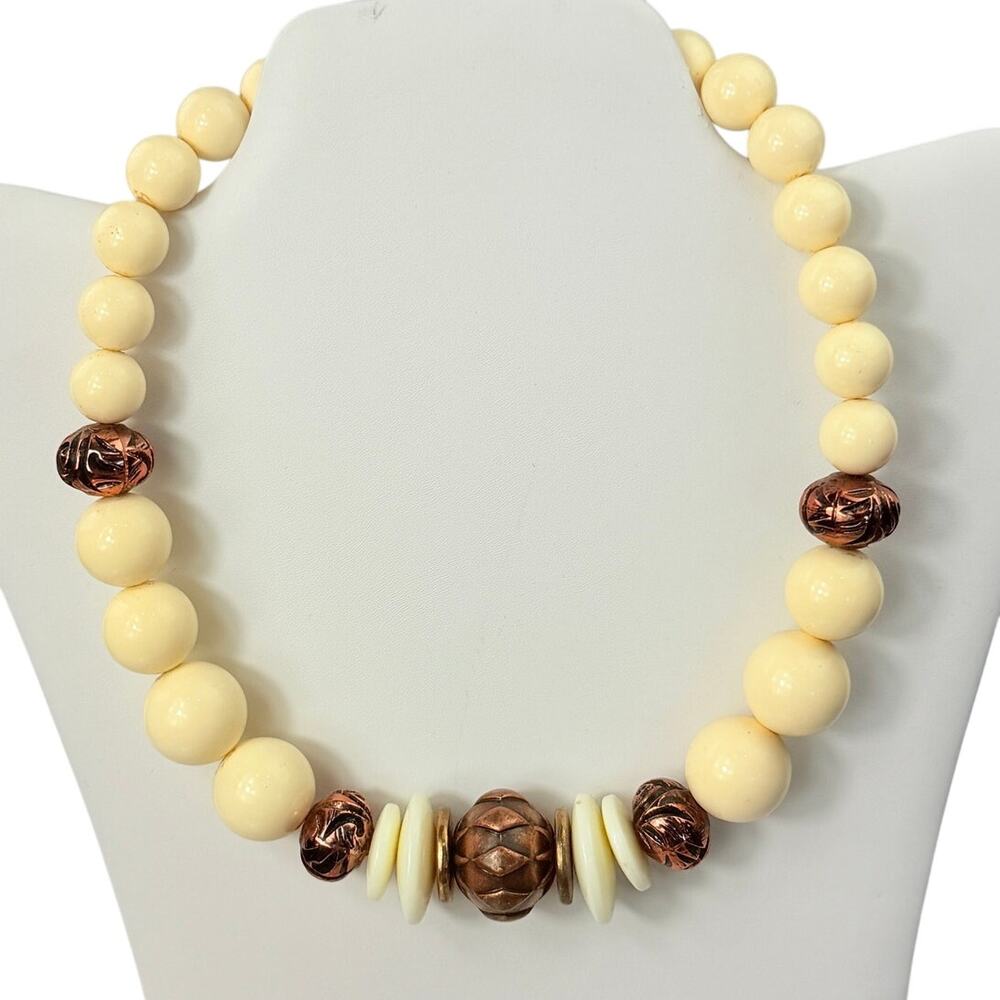 Vintage Chunky 18” Plastic Beaded Necklace Cream & Bronze Gold